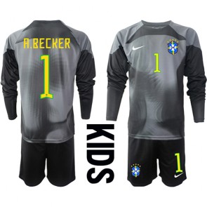 Brasilien Alisson Becker #1 Målvakt Hemmatröja Barn VM 2022 Långärmad (+ korta byxor)